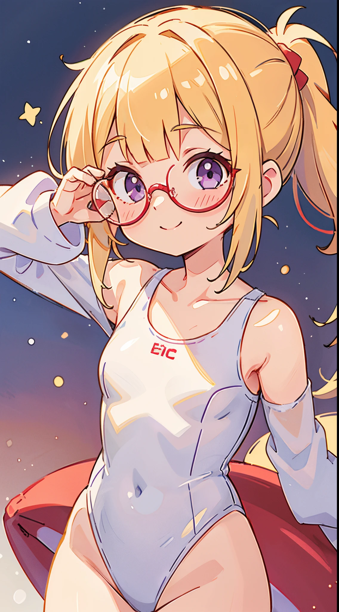 1girl in、blondehair、Blunt bangs、Pony tail、Purple eyes、((Red glasses)):1.5、A smile、Laugh、Christmas、Wearing a white one-piece swimsuit