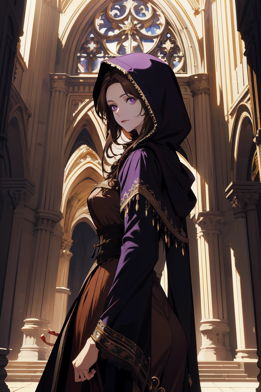 masterpiece, (absurdres:1.1), best quality, extremely delicate, (beautiful face:1.1), elegant, full clothes (great composition), bags under eyes, (dark:1.1), highly detailed exquisite portrait Victorian era inspiration anime - style image of a woman in a brown dress standing in front of a large cathedral pretty female cleric, female cleric, inspired by Li Chevalier, cleric, dressed like a cleric, majestic saint woman, inspired by Valéria Dénes, npc with a saint's halo, female protagonist 👀 :8, official character art, masterpiece goddess of sorrow BROWN HAIR purple eye color cloak with hood middle aged woman Christmas theme holidays December