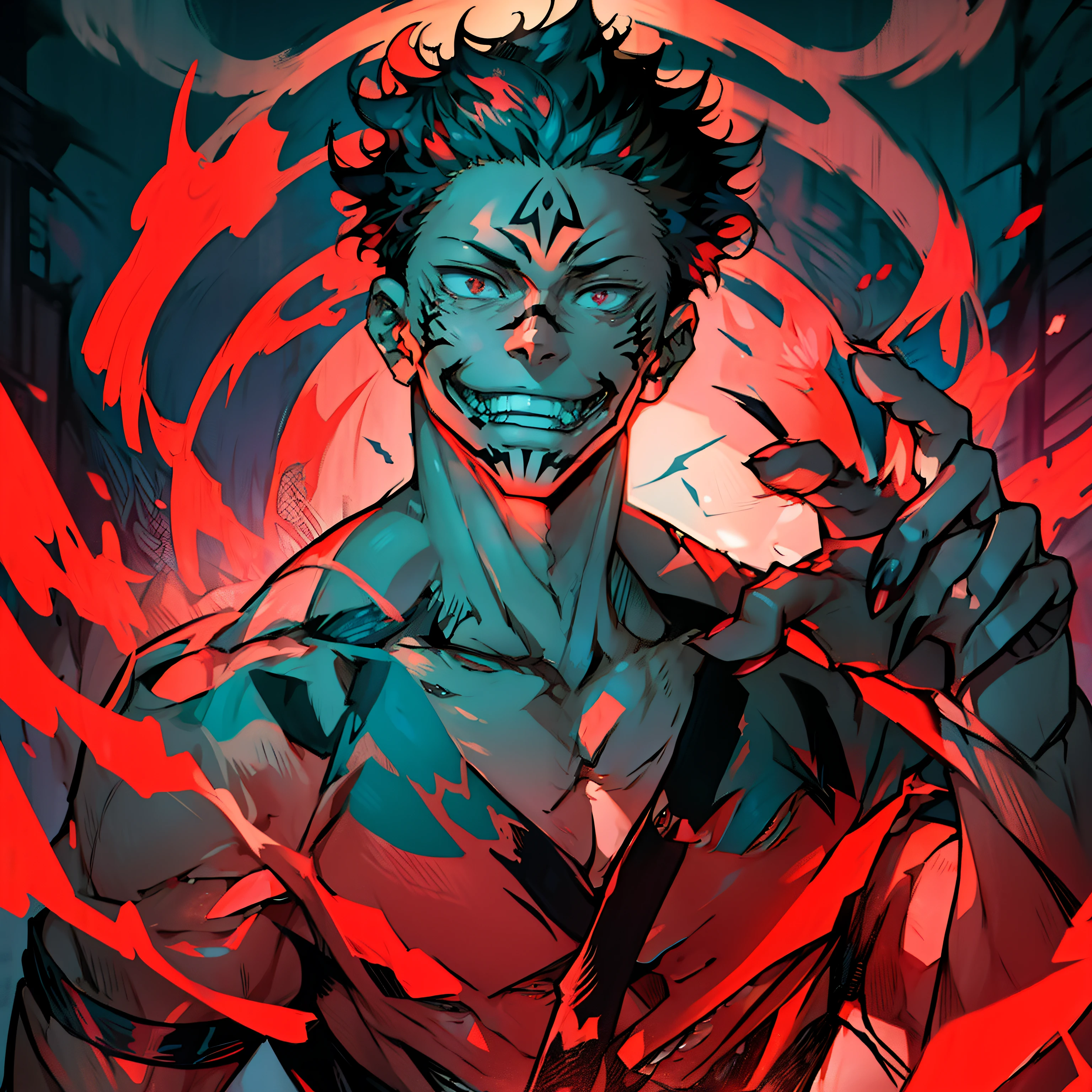 (​masterpiece, top-quality:1.2) Ryomenskna (Jujutsu Kaisen), ryoumen, Sukuna, ember, Solo, 4K, hight resolution, 详细的脸, face tattoo, cinematic lightening, Badass, a smile, macabre smile