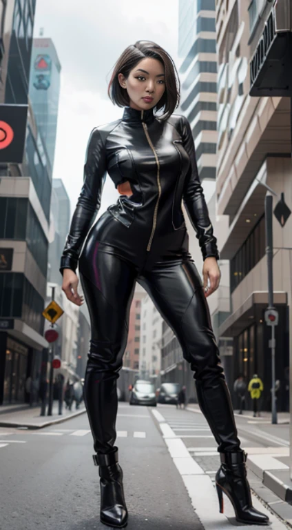 Science Fiction,Sci-Fi,Sci-Fi Movies,Foundation Movie References,Stories about Rebellion,Anti-Government Groups,25-Year-Old Woman, Filipina, tanned bronze skin, Full Body, Adult, Amber-Colored Eyes,Black Short Hair ,leather body suit,Serious Face,Realistic Face Resolution,Realistic,Object Resolution, wearing cyberpunk suit, complex design tech costume, city in an cyberpunk setting