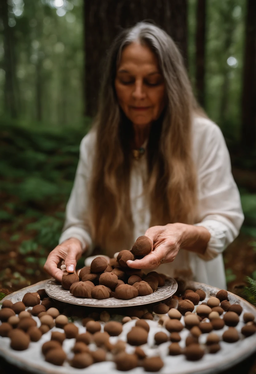 A photo of Mary delicately arranging a display of psilocybin-infused truffles on a decorative plate.,original,In the serene, forested expanses of rural Northern California resides Mary, the world’s foremost expert on magic mushrooms. She has long, sun-kissed hair often tied back in a practical ponytail and attire that blends seamlessly with the natural environment she cherishes., female