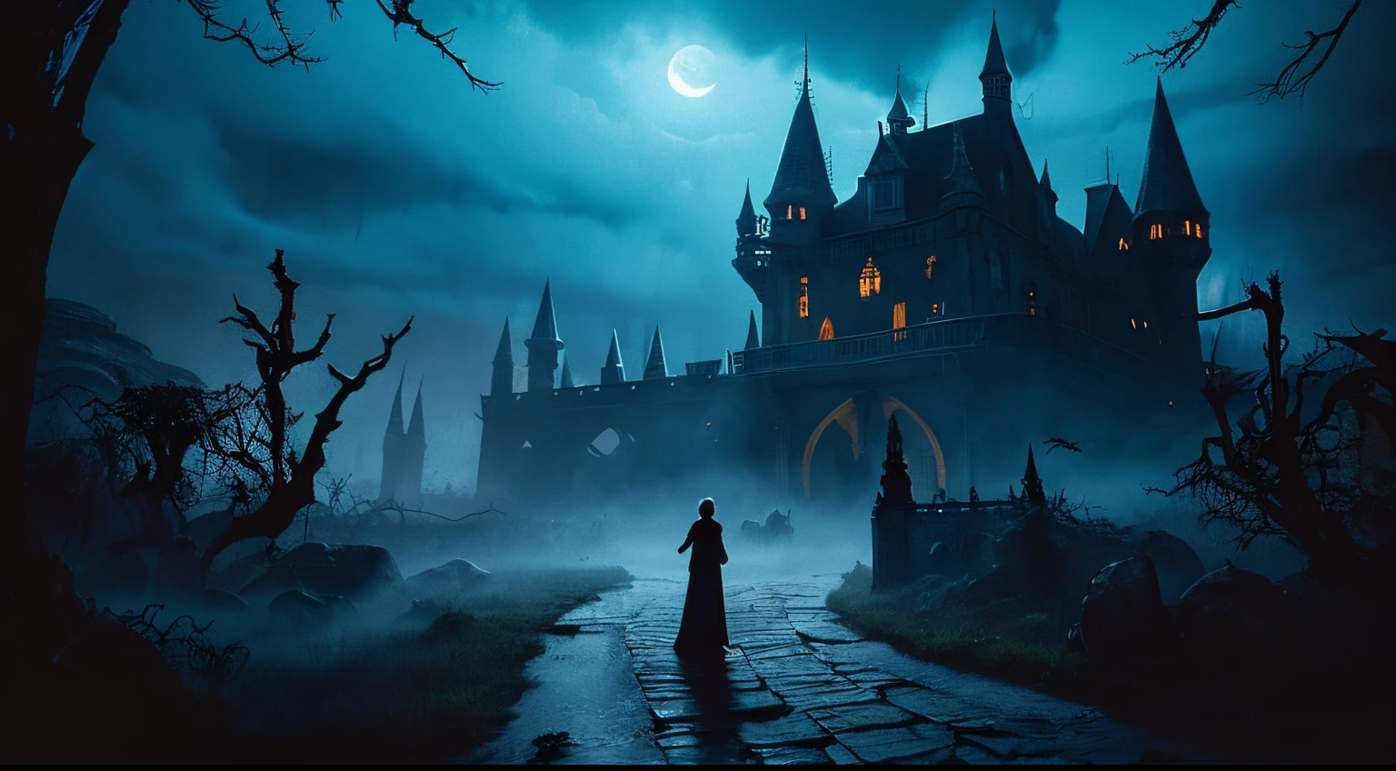 (bestselling painting,high contrast,fantasy theme:1.1),dark and eerie atmosphere,Gothic castle surrounded by fog,ominous moonlight,haunted Halloween vibes,spooky and mystical aura,elaborate architectural details,majestic towers,twisted and menacing gargoyles,witches' brew of vibrant colors,ominous shadows and silhouettes,creepy vines and ivy crawling up the walls,spider webs glistening in the moonlight,ethereal and haunting ambience,mysterious and foreboding,enchanted and supernatural,ghostly presence and whispers of the unseen,dramatic lighting and shadows,moody and cinematic style,rich textures and intricate details,ominous storm brewing in the distance,electric blue and deep purple hues,magic swirling in the air,surreal and otherworldly,timeless and captivating,transporting you to a realm of dark fantasy.