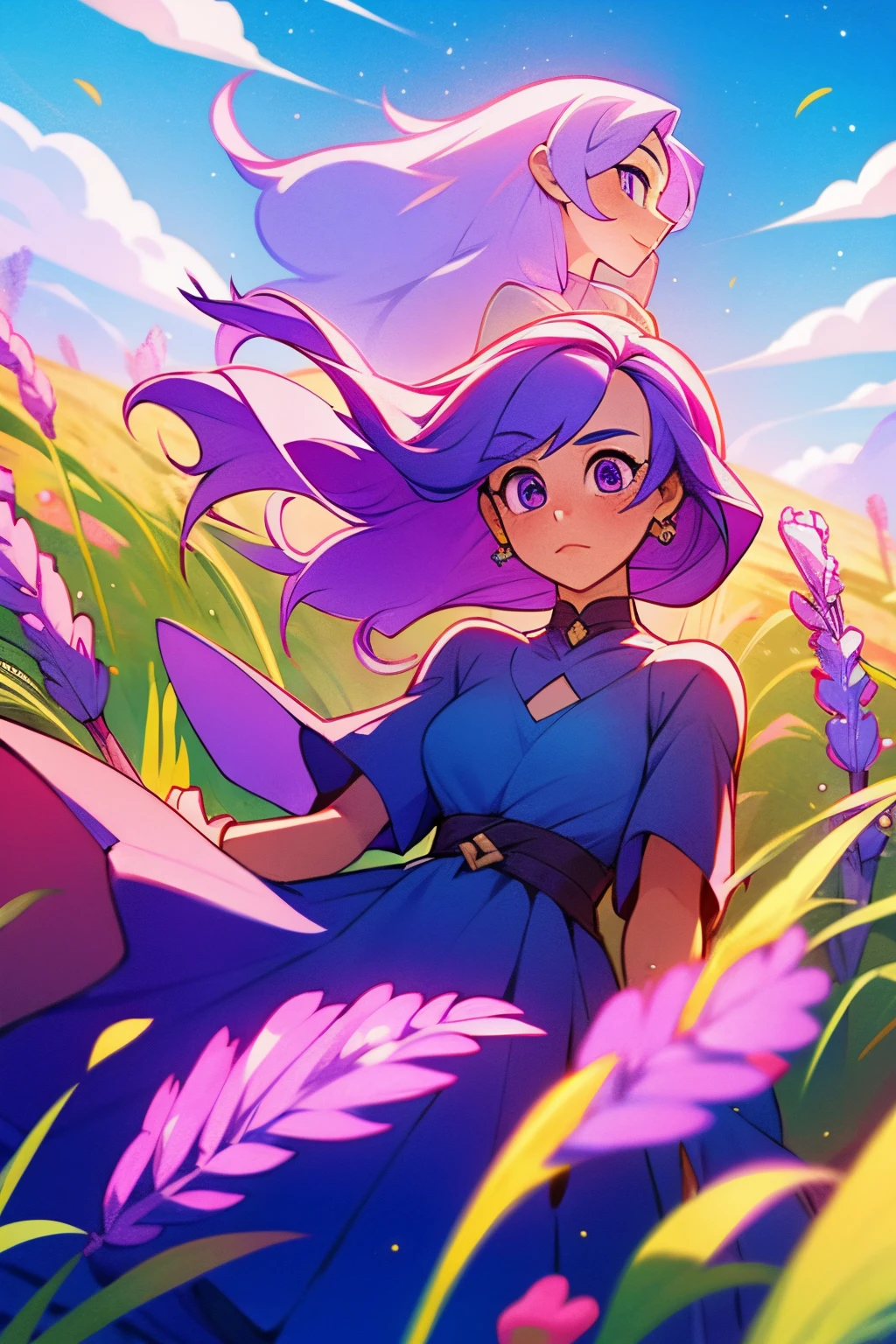 A young girl in her twenties, with lavender colored hair and eyes. She is in a field full of short grass and the wind is blowing her long cosmic colored dress,