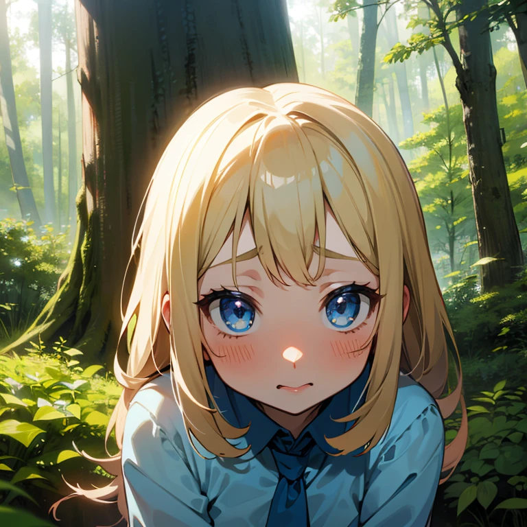 7yo cute loli blond lewd, blue eyes, in a forest, embarrassed