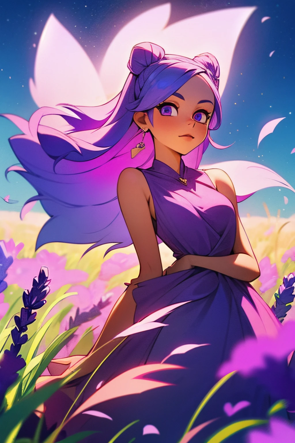 A young girl in her twenties, with lavender colored hair and eyes. She is in a field full of short grass and the wind is blowing her mid high cosmic colored dress