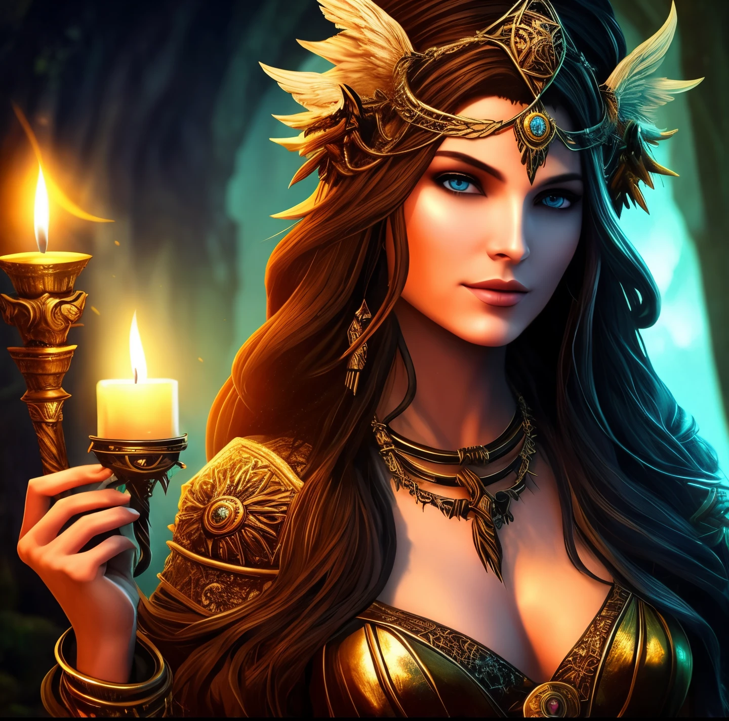 araffe woman with a candle and two birds on her head, pagan goddess, uma bela feiticeira, gothic maiden shaman, hecate goddess, beautiful witch female, feiticeira bonita, com um corvo no ombro, bruxa feminina bonita, como um personagem de fantasia medieval, as a mystical valkyrie, Cabelos longos de corvo, beautiful female druid