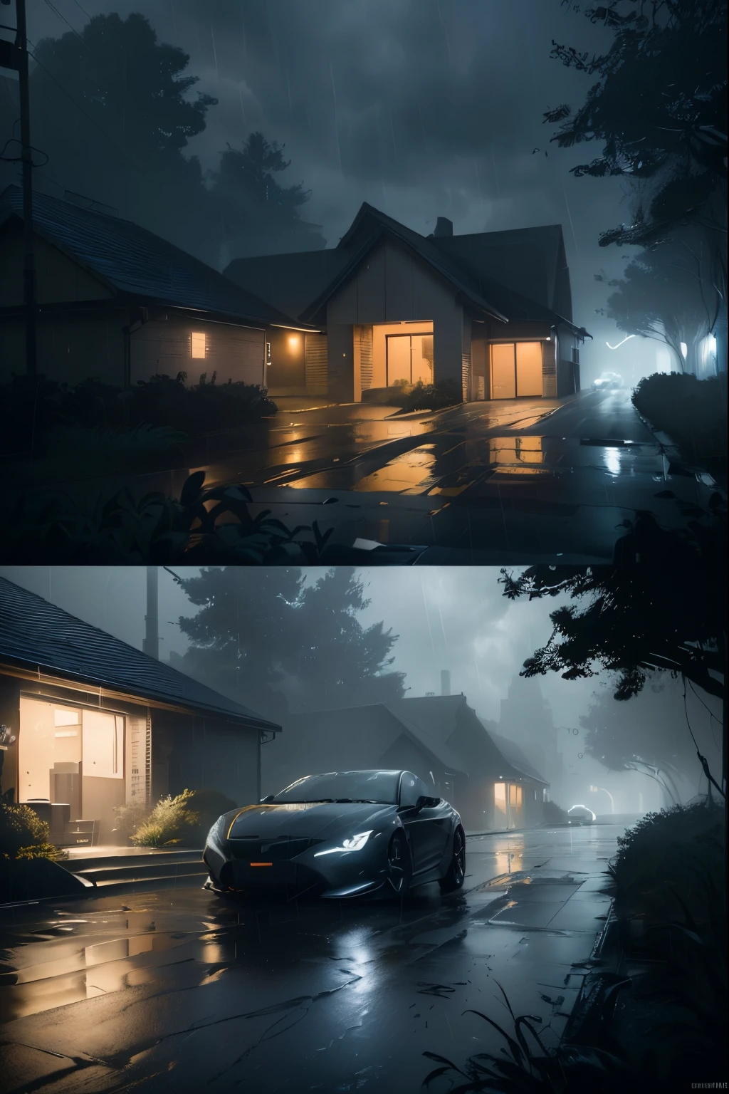 there are two pictures of a car parked in the rain, beautiful and cinematic lighting, gloomy cinematic lighting, photorealistic dark concept art, dramatic lighting. concept art, cinematic matte illustration, 4k concept art and hyper realism, gloomy weather. hyperrealistic, realistic cinematic lighting, realistic 3 d style, detailed lighting and thunder, cinematic night lighting, rainy day. game render