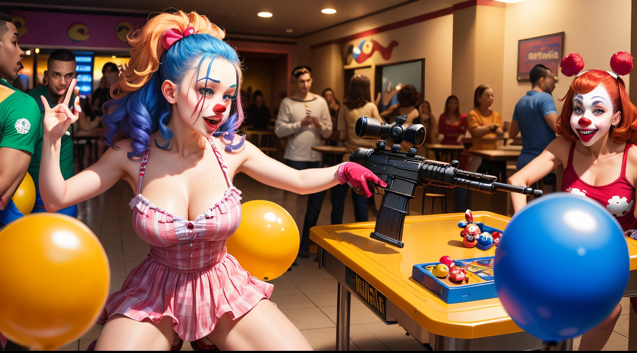 10 clowns in a Chuck E. Cheese with automatic weapons