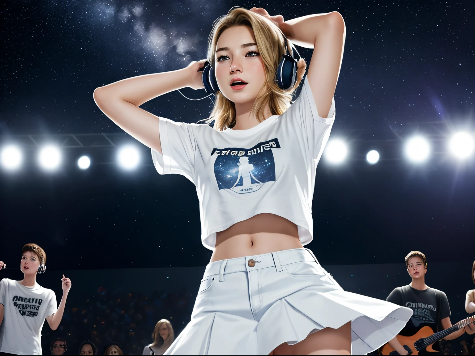 top quality 32k raw photo of 18-year-old Emily VanCamp wearing white T shirt and jeans skirt and headphone. navel look. she is on the stage dancing. night. starry sky.