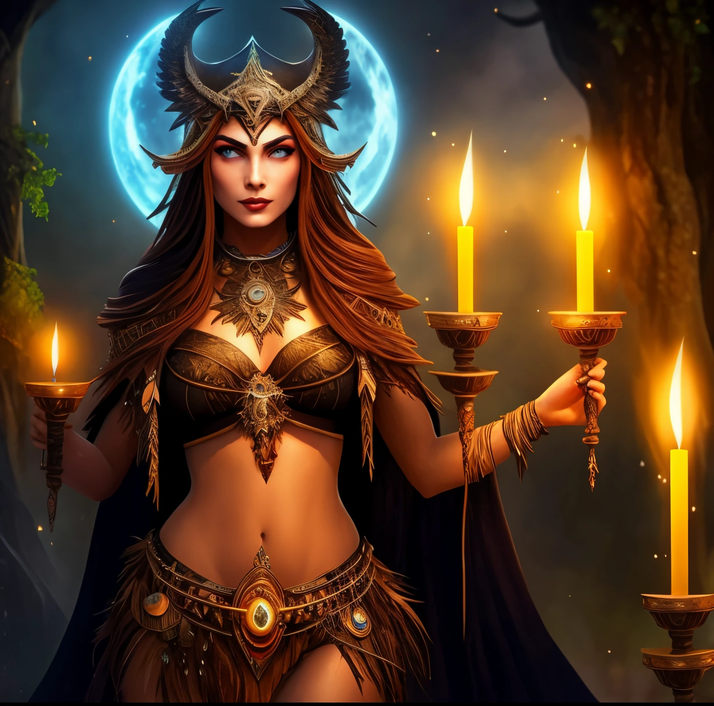 araffe woman with a candle and two birds on her head, pagan goddess, uma bela feiticeira, gothic maiden shaman, hecate goddess, beautiful witch female, feiticeira bonita, com um corvo no ombro, bruxa feminina bonita, como um personagem de fantasia medieval, as a mystical valkyrie, Cabelos longos de corvo, beautiful female druid
