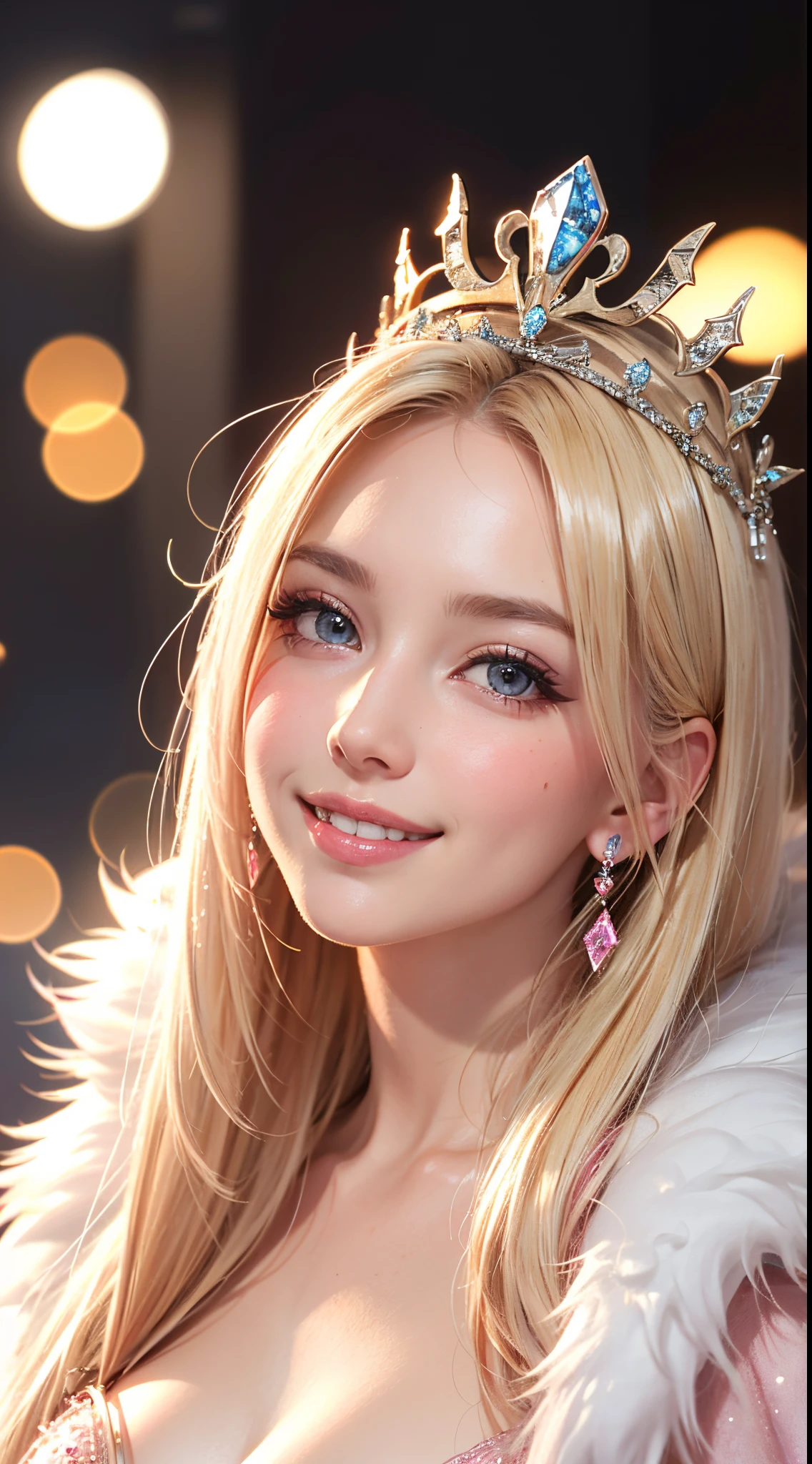 (UHD, retina, masterpiece, ccurate, anatomically correct, textured skin, super detail, high details, high quality, best quality, highres, 1080P, HD, 4K, 8k, 16k), (beautiful detailed eyes, beautiful detailed lips, extremely detailed eyes and face), studio lighting, physically-based rendering, vivid colors, [big tits, super big tits, super extra big tits, glamorous body], (crown, tiara, pink cloak, white fur), (portrait, blonde hair, shiny hair, shiny skin), (bokeh), (tilt your head to the side:1.5), eye reflection, (blush, smile:1.5),