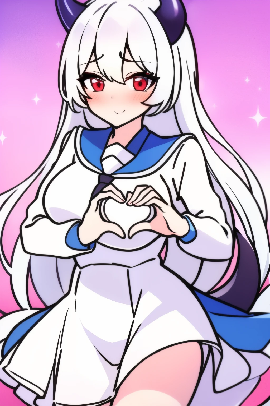 tmasterpiece，Best quality，1girl，red eyes，White hair,white skirt ,blue dress，horn，tail,Heart-Shaped_Boob_Challenge