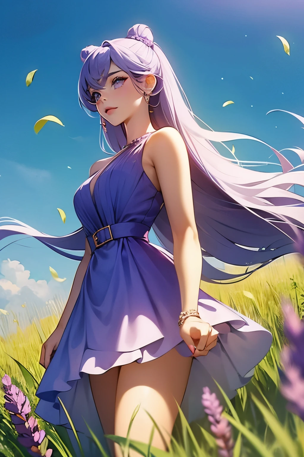 A young girl in her twenties, with lavender colored hair and eyes. She is in a field full of short grass and the wind is blowing her mid high cosmic colored dress