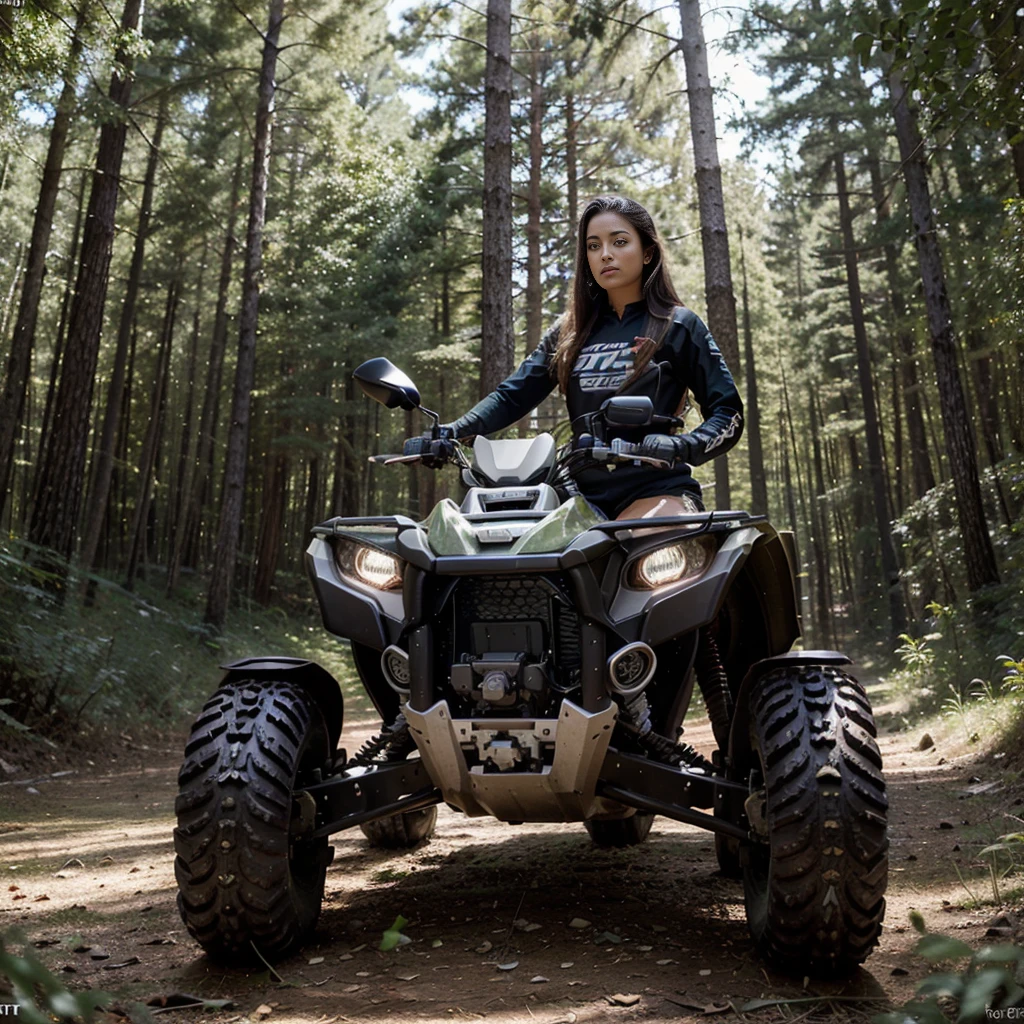 A high-resolution photograph capturing a sensual supermodel in striking motocross gear, prominently featuring the 'Honda House' logos, selling an ATV to a hunter in a dense, wooded environment. The model, exuding allure and confidence, stands next to a rugged, high-performance Honda ATV, her pose both inviting and commanding. The motocross gear is form-fitting and designed with an edgy, stylish twist, harmonizing with the natural, earthy tones of the forest around her. The hunter, intrigued and attentive, examines the ATV, draped in typical hunting attire and gear. The woods provide a rich backdrop of deep greens and browns, with rays of sunlight piercing through the canopy that has a banner reading Honda House, creating a play of light and shadow. The photograph is taken with a high-end DSLR camera, utilizing a medium aperture to capture the sharp details of the subjects while maintaining a soft focus on the surrounding wilderness. The camera settings include a fast shutter speed to capture the dynamic interaction between the model and the hunter, with a slight emphasis on the vibrant colors of the ATV and the model's gear. across