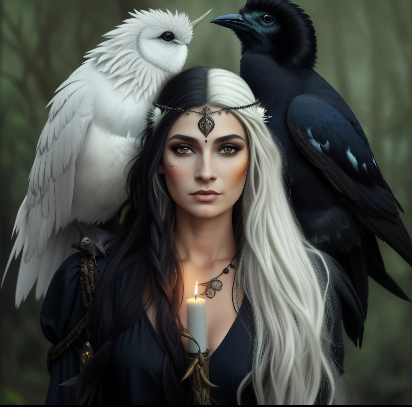araffe woman with a candle and two birds on her head, pagan goddess, uma bela feiticeira, gothic maiden shaman, beautiful witch female, hecate goddess, feiticeira bonita, com um corvo no ombro, bruxa feminina bonita, como um personagem de fantasia medieval, as a mystical valkyrie, Cabelos longos de corvo, beautiful female druid