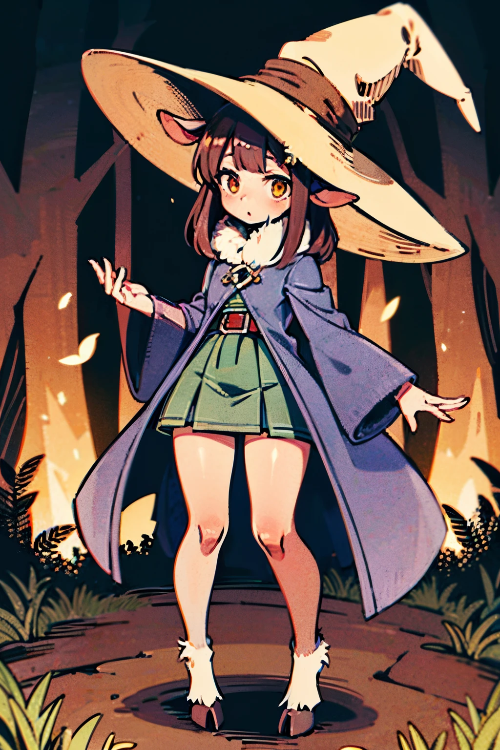 ****, goat horns, goat ears, brown hair, brown skin, saytr, minotarus bottom, goat legs, black mage clothes, yellow hat, (hairy legs:1.3), micro skirt, cowboyshot, forest, standing, fluffy, hairy, hooved legs, hooved legs, hooves, vibrant colors