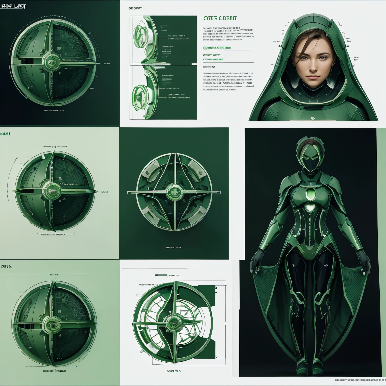 Technical data sheet of the green apple project concept, characterized by style and flowing lines, view from different angles, Technical description of elements