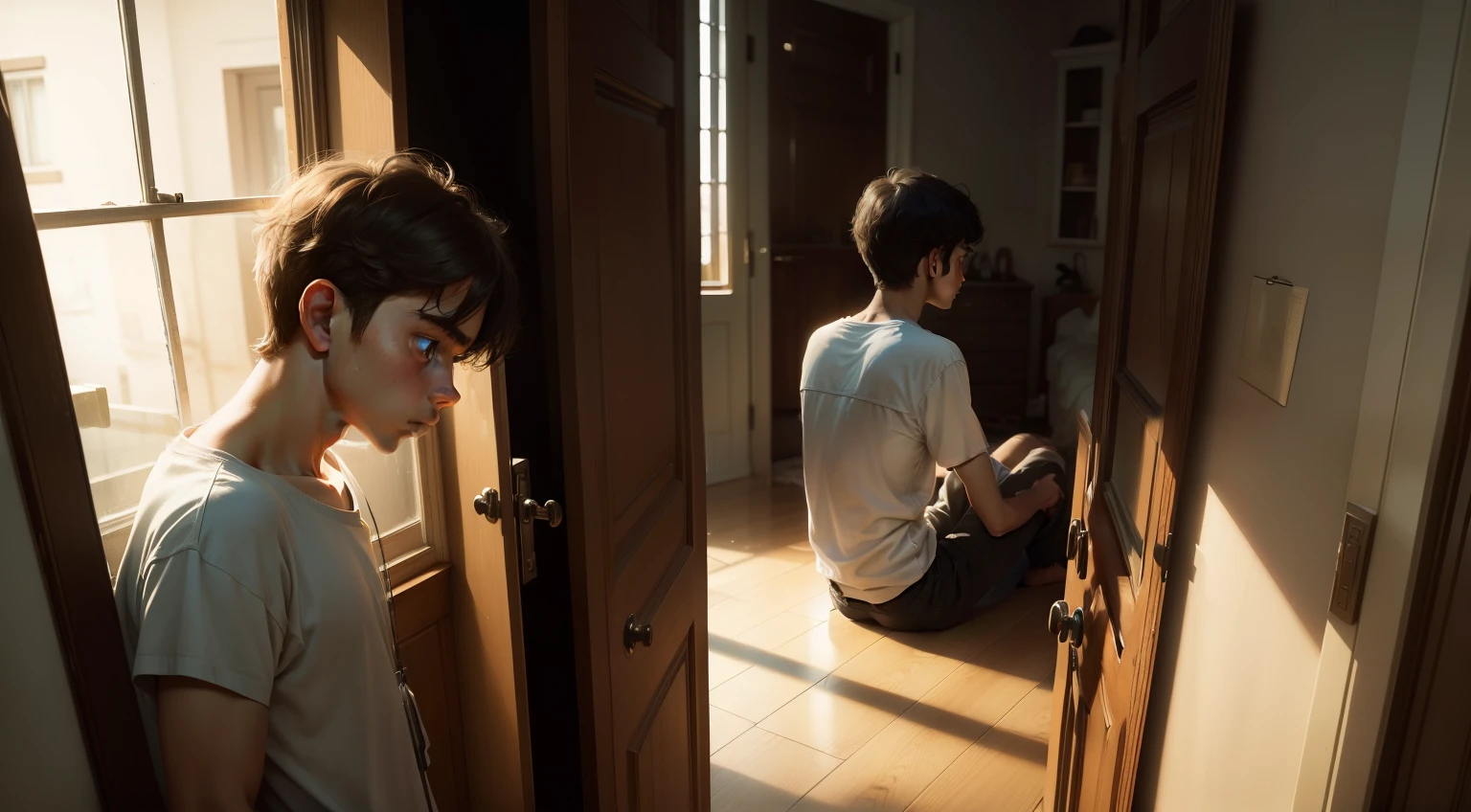 A sad boy in his room with a melancholic look looking out the window at a clone of him passing by on the street