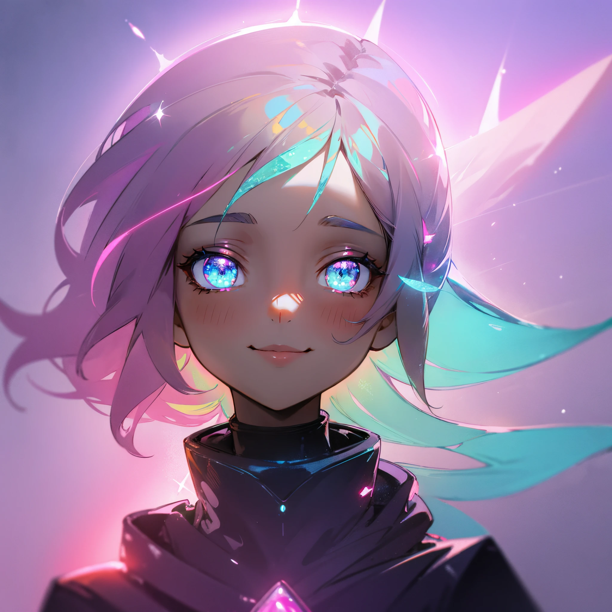fantasy art, neon magic, beautiful girl alone, sea fairy, smiling, portrait, big picture, UHD, 128k, dreamy colors, glowing around, glow, symmetrical eyes, symmetrical nose, sparkles, emerald eyes, dark blond hair, tender pink and purple curls, cyberpunk, casual detailed closes with cute magic neon print, light background with magic neon city, small bust