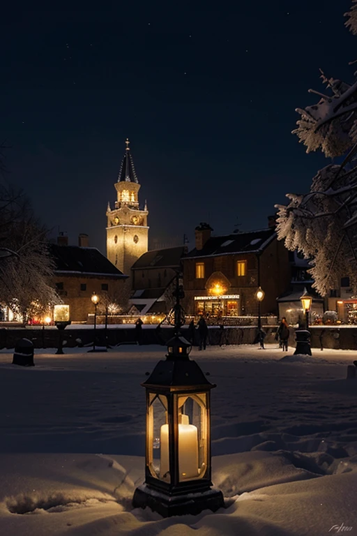 Winter, medieval city in the white of lantern lights, the clock shows midnight, moonlight, Christmas mood