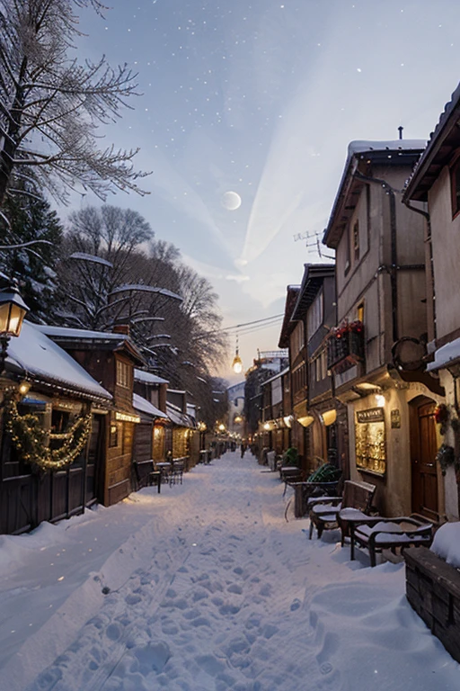 Winter, medieval city in the white of lantern lights, the clock shows midnight, moonlight, Christmas mood