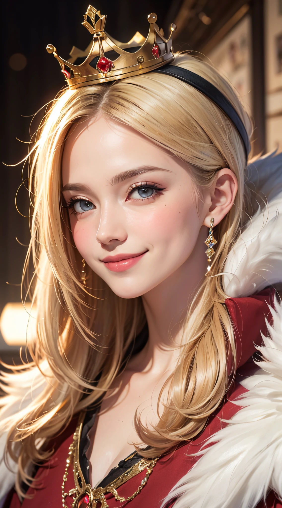 (UHD, retina, masterpiece, ccurate, anatomically correct, textured skin, super detail, high details, high quality, best quality, highres, 1080P, HD, 4K, 8k, 16k), (beautiful detailed eyes, beautiful detailed lips, extremely detailed eyes and face), studio lighting, physically-based rendering, vivid colors, [big tits, super big tits, super extra big tits, glamorous body], (crown, tiara, red cloak, white fur), (portrait, blonde hair, shiny hair, shiny skin), (bokeh), (tilt your head to the side:1.5), eye reflection, (blush, smile:1.5),
