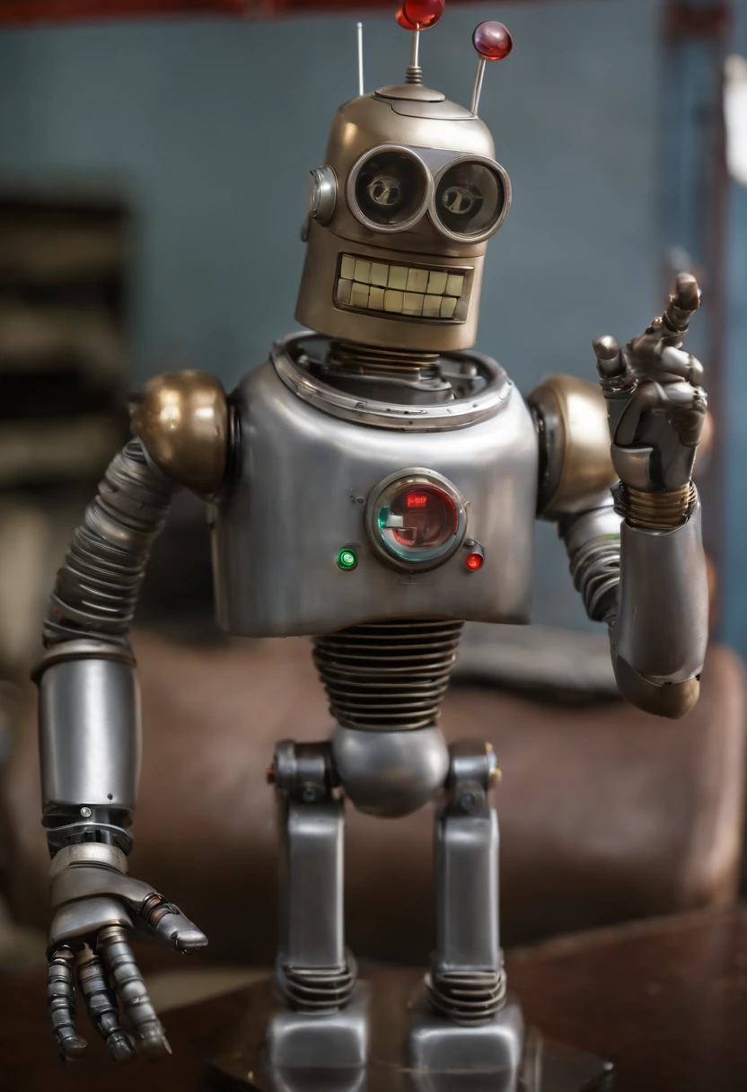 A photo of Bender at a robot boxing match,Futurama,He often has a beer and cigar. Being that he is a robot, he doesn’t wear clothes. He is gray and made of simple geometric shapes. His arms are flexible tubes. His body has a "shiny metal ass", two legs, two "Extens-o-matic" arms (right called "Gropie" and left "Cheatie" by Bender) with three fingers each, a head with two replaceable eyes shaped like light-emitting diodes, and a mouth used for fuel intake and voice communication. , male
