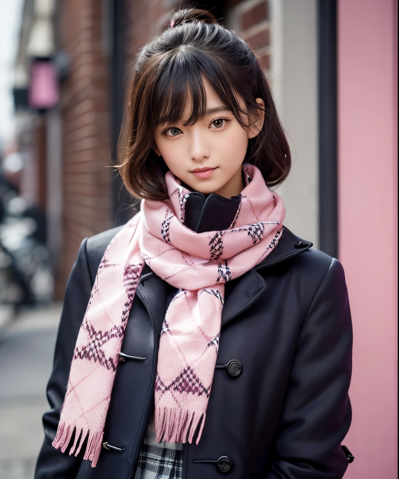 BREAK (dark-navy theme:1.3), (Wear a dark-navy duffel coat over school uniform and exposed only skirt-hem:1.4), (black and white plaid-pattern pleated skirt:1.1), ((dark-brown pantyhose, loafers):1.2),
BREAK (pink theme:1.3), (plaid-pattern knitted pink scarf:1.4),