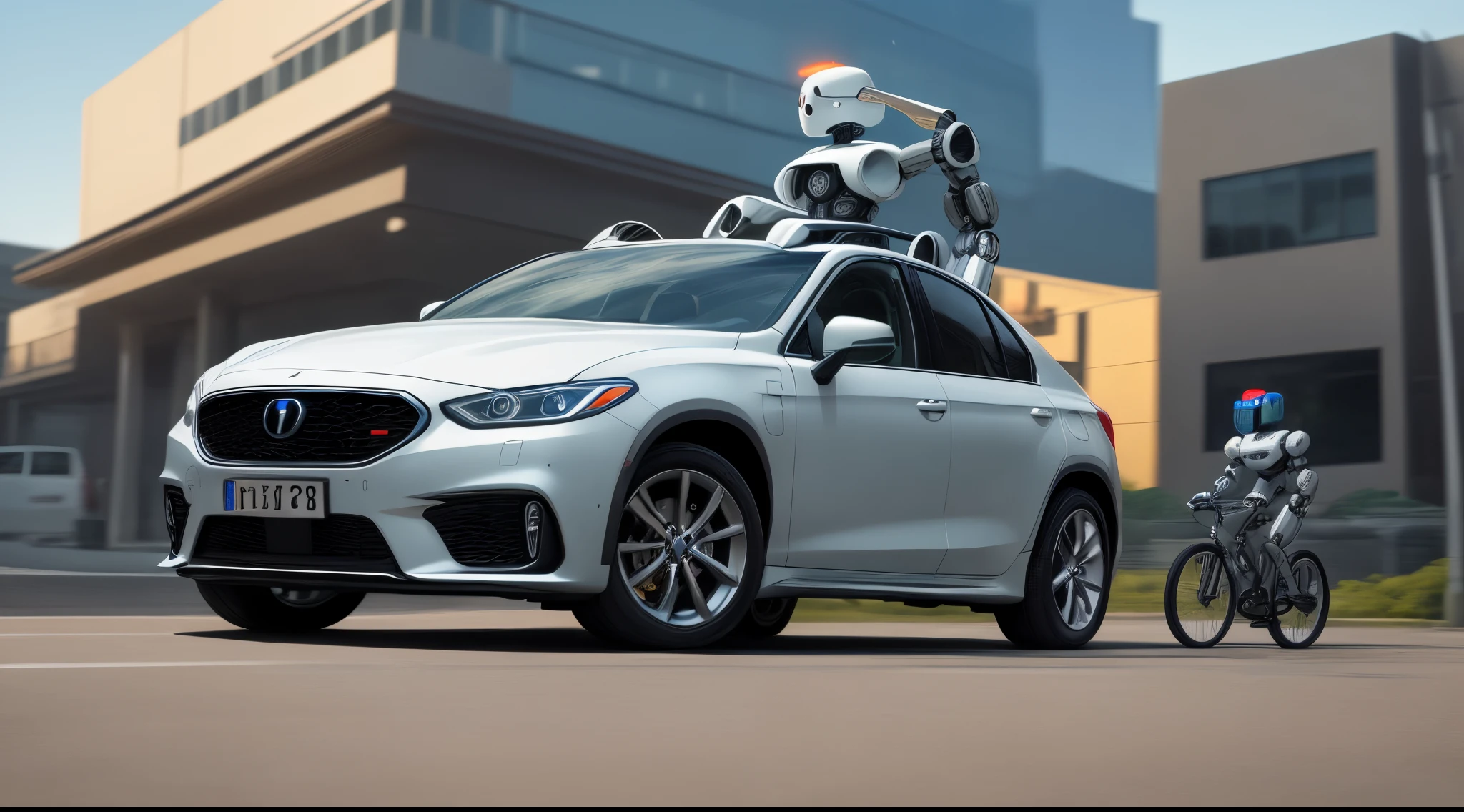 Make a picture of a robot riding a car