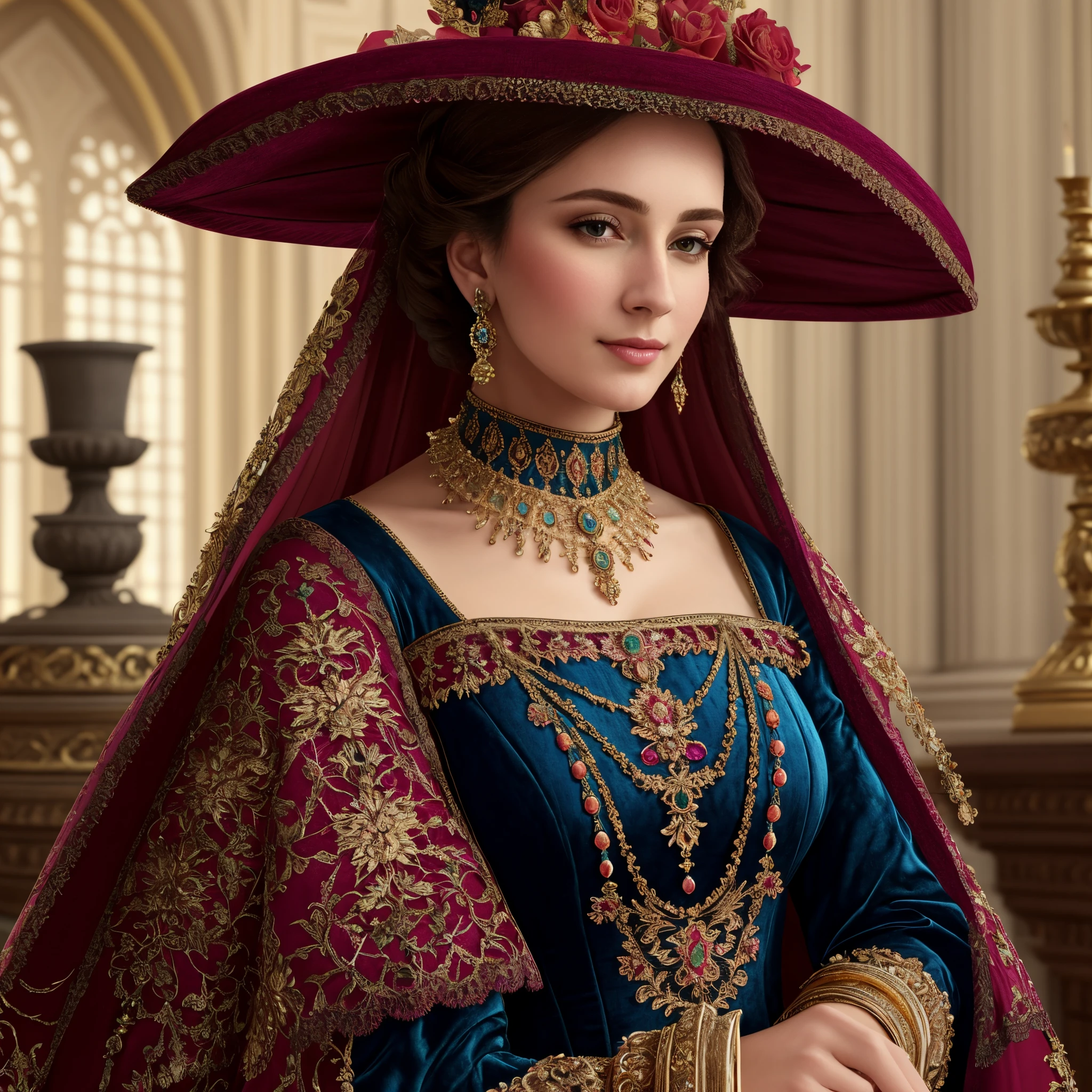 (best quality,4k,8k,highres,masterpiece:1.2),ultra-detailed,(realistic,photorealistic,photo-realistic:1.37),portrait,lady,magnificent outfit,gown,dress,hat,15th century renaissance style,hubert van eyck,5d,painting,detailed face,detailed eyes,cinematic 4d rendering,rich 3d rendering,rich background,colorful,soft lighting,vibrant colors,ornate,exquisite jewelry,ornaments,finely textured fabric,delicate lace,floral patterns,classical beauty,graceful demeanor,elaborate headpiece,feminine charm,subtle smile,serene expression,thoughtful gaze,regal posture,sophisticated,partially obscured background,impeccable details,impressive brushwork,period fashion,embroidered detailing