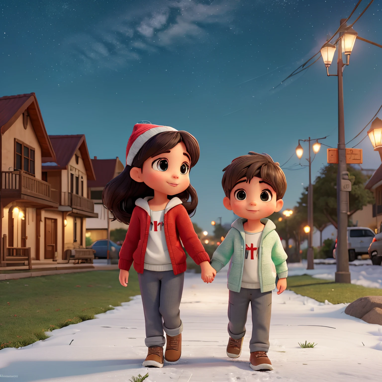 A imagem em uma noite na cidade enfeitada para o natal, com neve. Give me a picture of a girl in a red dress, cabelos pretos cacheados, walking hand in hand with a little boy, de cabelos castanhos escuros, gray pants and green sweatshirt.