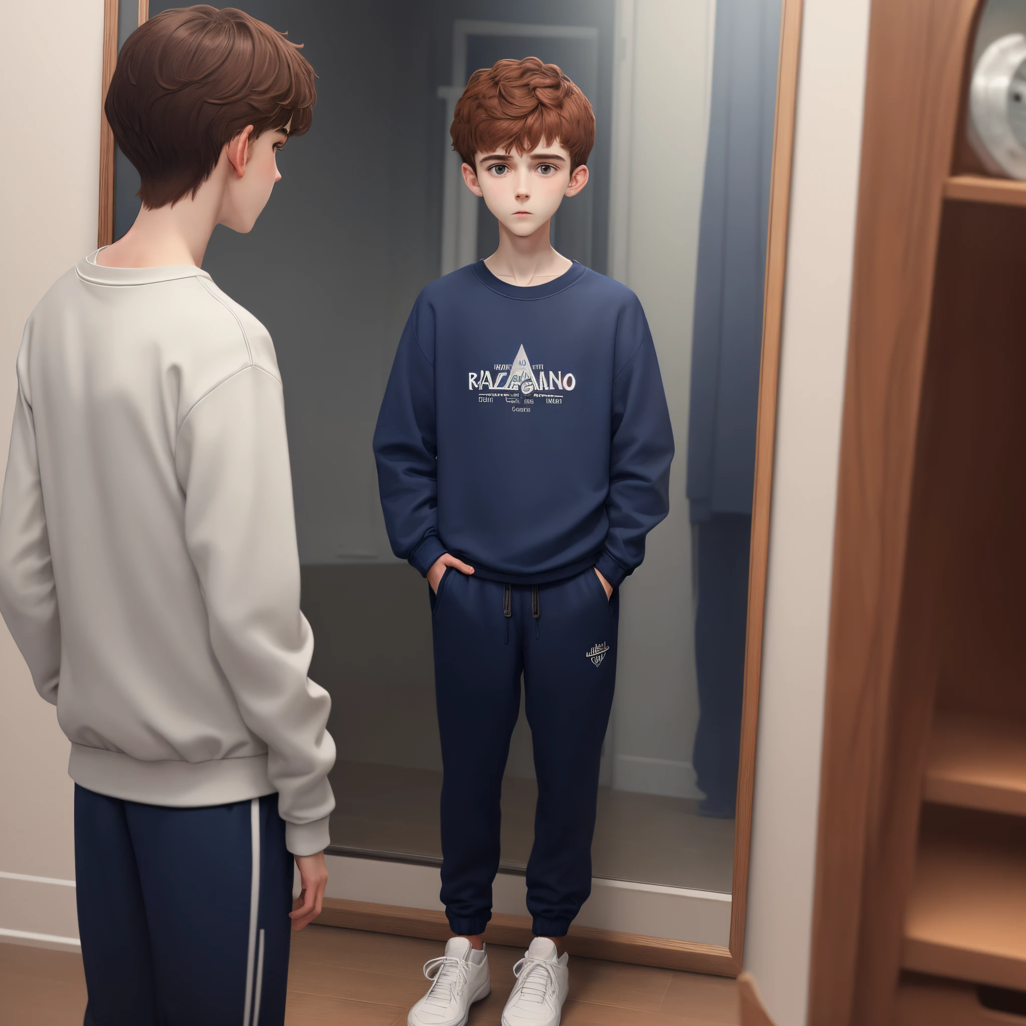 A tall skinny boy with dark reddish brown hair wearing a dark navy blue sweatshirt with the word “razzano” at the top in white letters. He is wearing grey sweatpants and black and white sneakers. He is facing away from the camera and looking into the magic mirror from Snow White