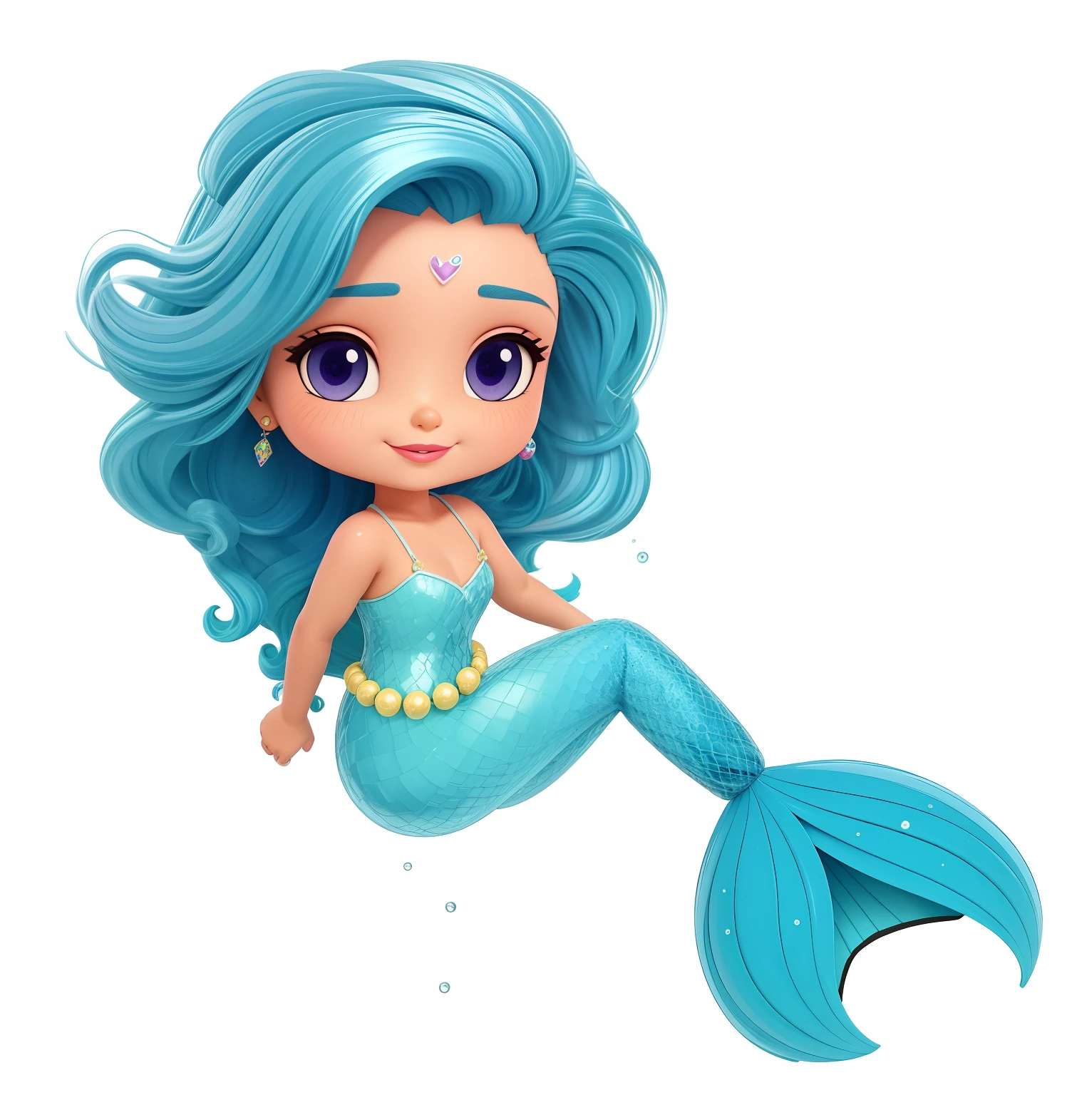 Uma linda garota sereia de 9 anos, Cabelo roxo claro curto, olhos azuis brilhantes, cauda de sereia azul clara, pink lips, in the water