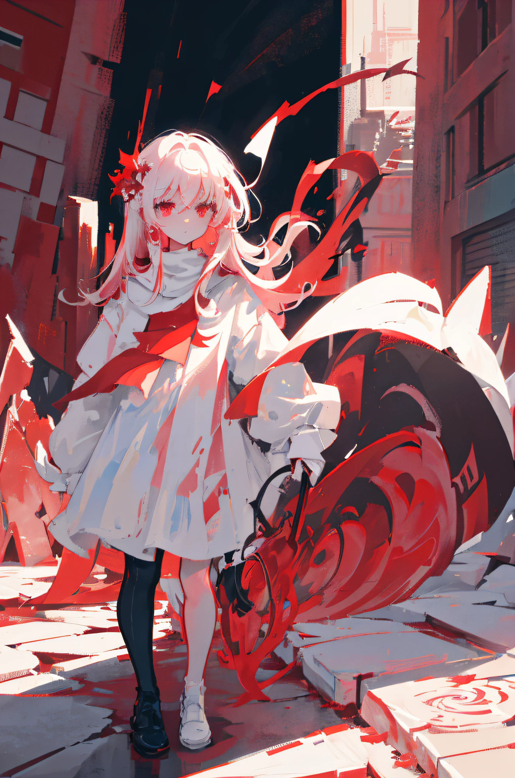 abstrair,criativo, rosa branca ao fundo, lua rosa branca em espiral,completely red crimson sky,Fallen buildings, dystopic, urban backdrop, Wrecked City,(sketched features,pincelada forte), simple lightning, homem misterioso andando sozinho na rua, Em um mundo de sonho vermelho