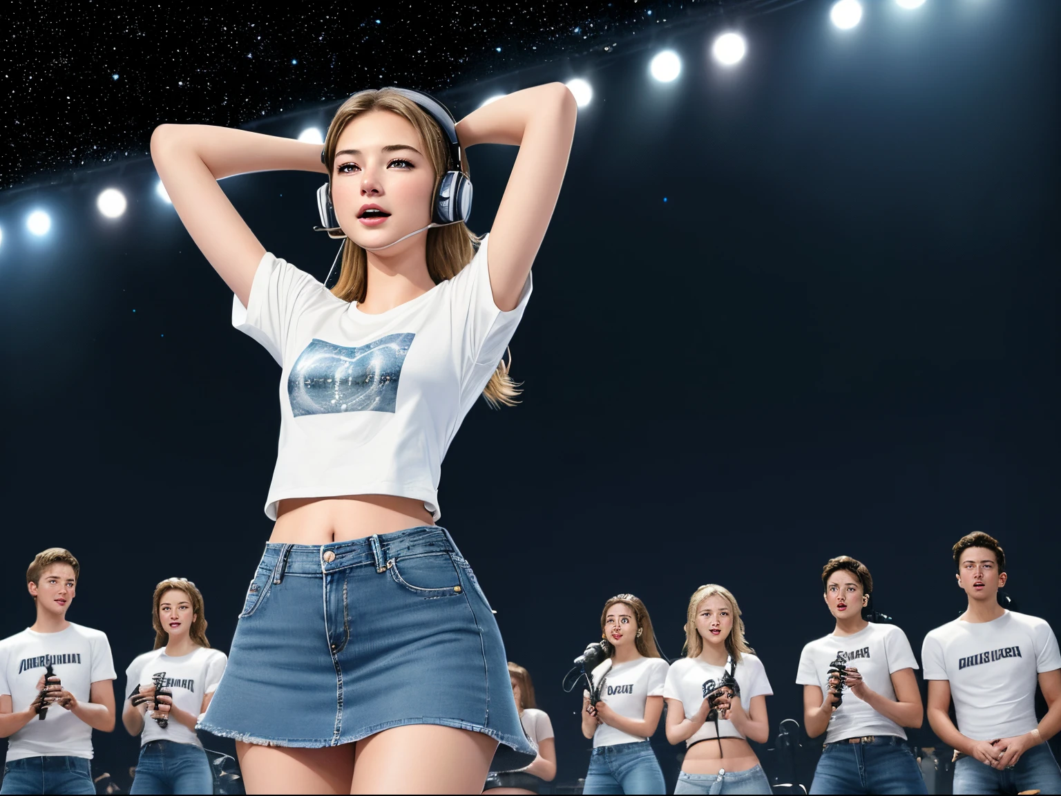 top quality 32k raw photo of 18-year-old Emily VanCamp wearing white T shirt and jeans skirt and headphone. navel look. she is on the stage dancing. night. starry sky.