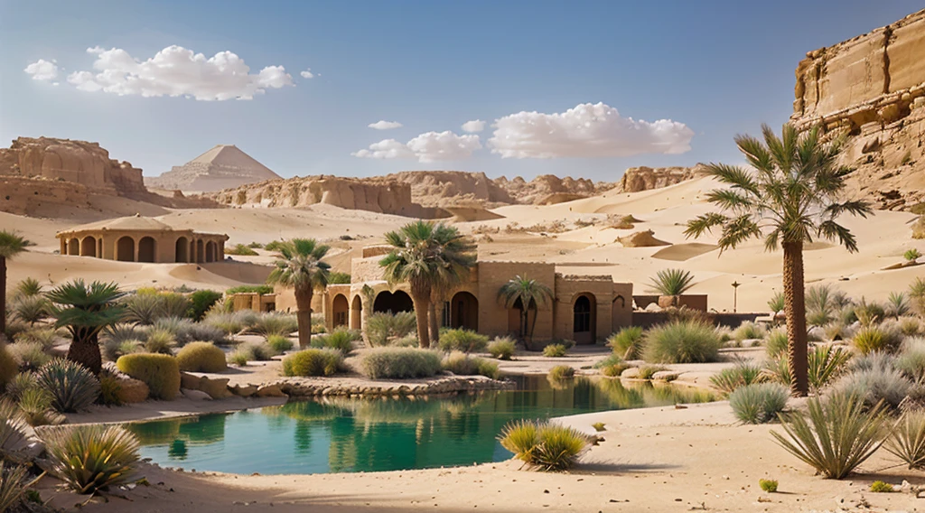 painting of a desert scene with a pond and palm trees, oasis in the desert, in a desert oasis lake, desert oasis, egyptian environment, desert oasis background, standing next to desert oasis, built in the egyptian desert, ancient ruins under the desert, egyptian landscape, somewhere in sands of the desert, in a futuristic desert palace, oasis, lush oasis