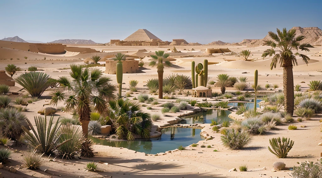 painting of a desert scene with a pond and palm trees, oasis in the desert, in a desert oasis lake, desert oasis, egyptian environment, desert oasis background, standing next to desert oasis, built in the egyptian desert, ancient ruins under the desert, egyptian landscape, somewhere in sands of the desert, in a futuristic desert palace, oasis, lush oasis