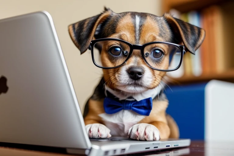 A small dog with a smart face in glasses is using a computer, he is having a lot of fun.