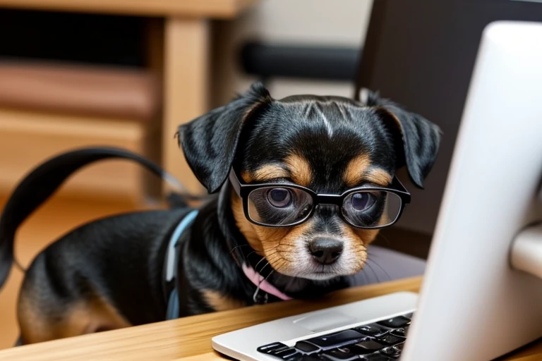 A small dog with a smart face in glasses is using a computer, he is having a lot of fun.