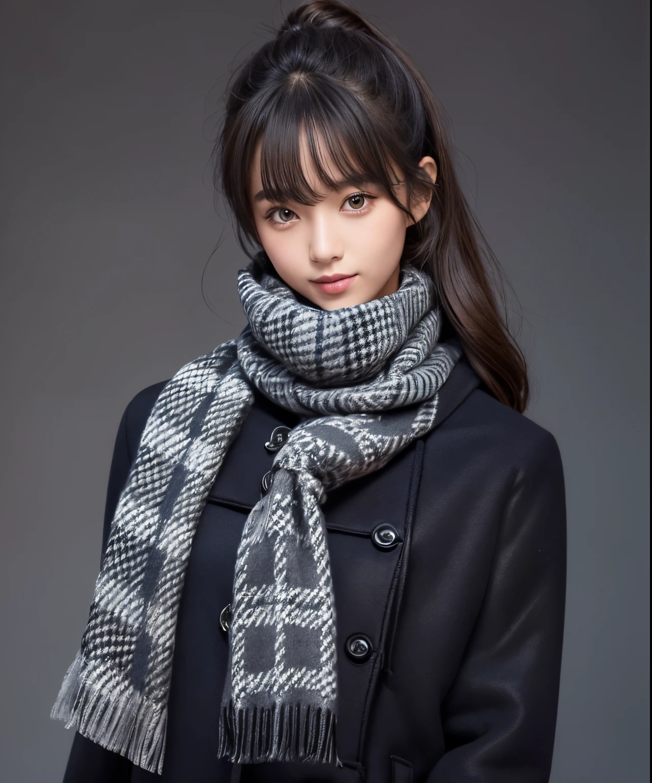 BREAK (dark navy theme:1.3), (Wearing a dark navy duffel coat over your school uniform、Only the hem of the skirt is exposed:1.4), (Black and white plaid pleated skirt:1.1), ((Dark brown pantyhose, lowfers):1.2),
BREAK (gray theme:1.3), (gray plaid knit scarf:1.4),