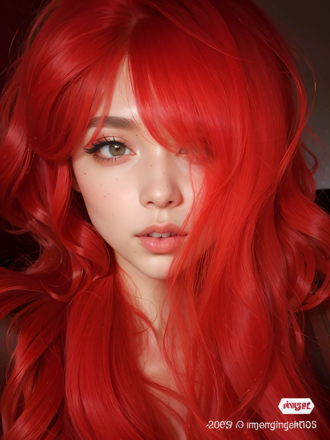 um close up de uma mulher com cabelos ruivos e um batom vermelho, cabelos tingidos de vermelho, Cor vermelha, cabelos ruivos brilhantes, peruca vermelha, cabelos vermelhos brilhantes, glowing crimson head, tonalidade vermelha forte, Cor vermelha, cabelos vermelhos carmesim e olhos vermelhos, com longos cabelos ruivos, vermelho ardente, cabelos ruivos vibrantes, pale red, cabelos vermelhos ardentes, ela tem cabelos longos e redorange