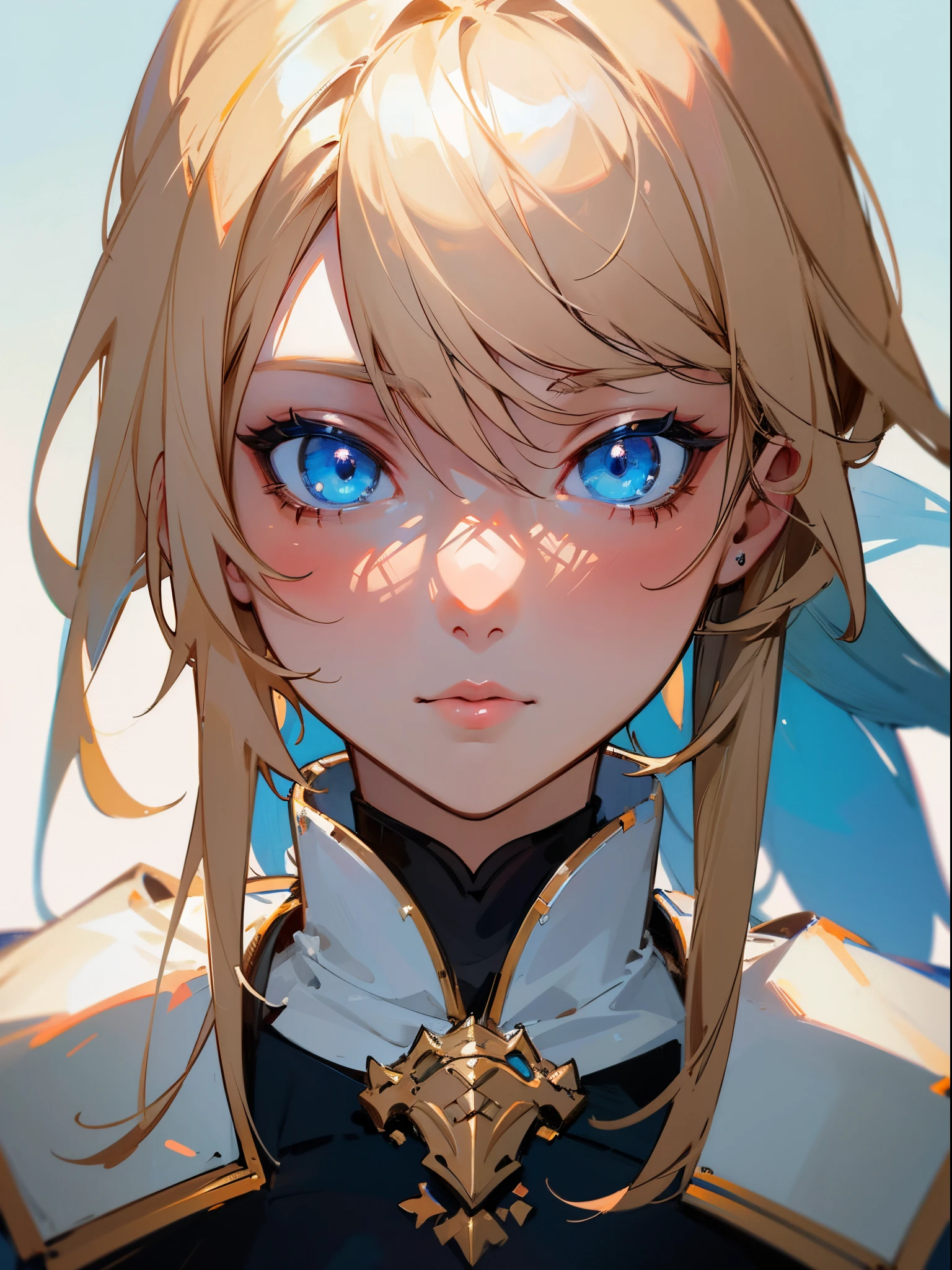trending on artstation, pixiv, blond hair. blue eyes, anime woman, portrait, painting, knight
