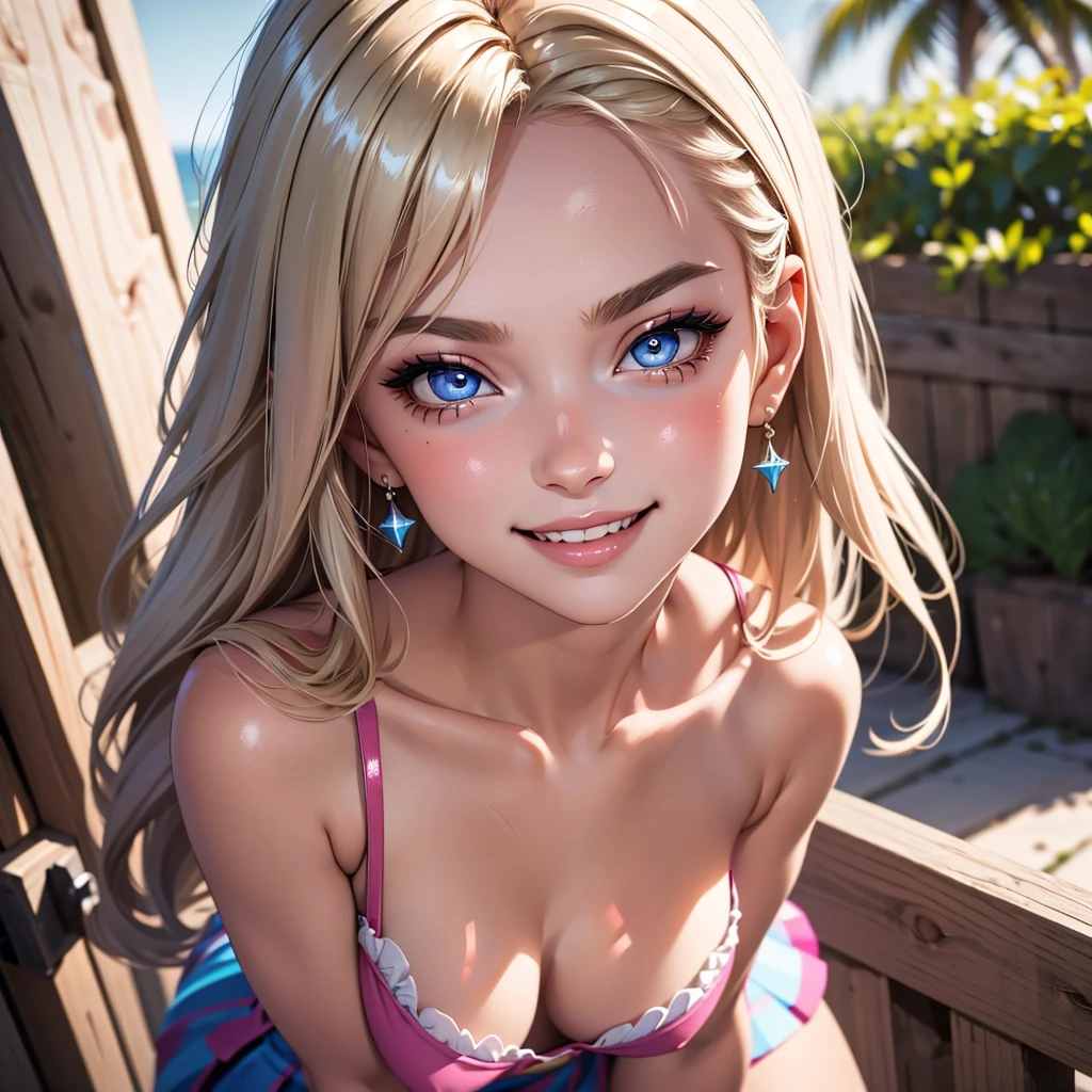 1girl, blonde hair, eyelashes, hair over one eye, blue eyes, big lips, ultra-detailed, high quality, highres, absurdres, best quality, best quality, large breasts, blurry background, evil smile, long hair, bright pupils, seductive smile, shiny skin, tall female, colored skin, pink lips, backlighting, outdoors, extremely detailed, original, glitter, shiny skin, shiny, full body, pink skirt,