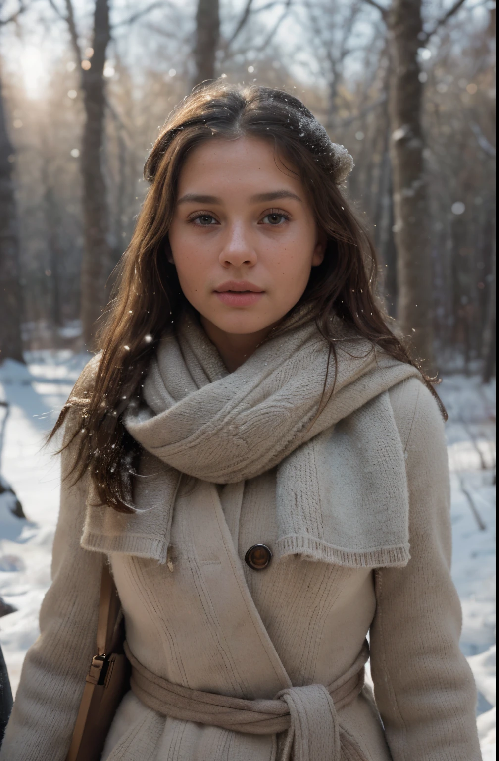 8k, RAW photo, best quality, ultra high res, photorealistic, realistic photo of a girl, wearing fashionable winter wear, walking through snowy woodland, beautiful, detailed face, detailed, highres, realistic, photorealistic, half body, head to waist, matte skin, pores, wrinkles, (extremely detailed CG unity 8k wallpaper), photo of the most beautiful artwork in the world, professional majestic (photography by Steve McCurry), 8k uhd, dslr, soft lighting, high quality, film grain, Fujifilm XT3 sharp focus, f 5.6, High Detail, Sharp focus, dramatic, (looking at viewer:1.2), (soft light)