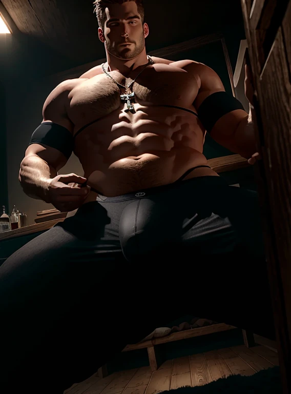 Realistic image, Ultra HD, Black underwear, Shirtless, Showing legs, Big Ass Burg、please have the key、Silver Necklace