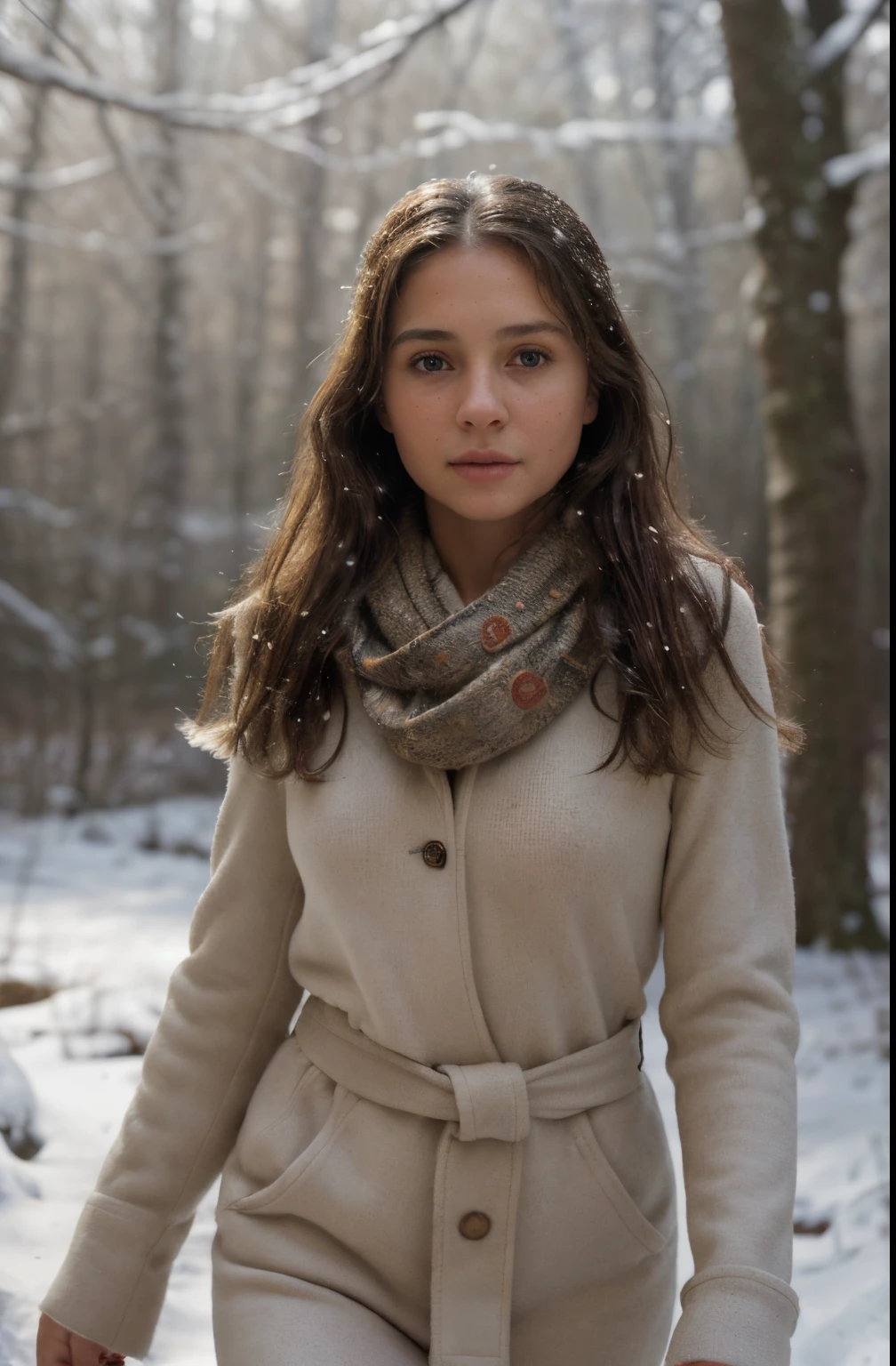 8k, RAW photo, best quality, ultra high res, photorealistic, realistic photo of a girl, wearing fashionable winter wear, walking through snowy woodland, beautiful, detailed face, detailed, highres, realistic, photorealistic, half body, head to waist, matte skin, pores, wrinkles, (extremely detailed CG unity 8k wallpaper), photo of the most beautiful artwork in the world, professional majestic (photography by Steve McCurry), 8k uhd, dslr, soft lighting, high quality, film grain, Fujifilm XT3 sharp focus, f 5.6, High Detail, Sharp focus, dramatic, (looking at viewer:1.2), (soft light)
