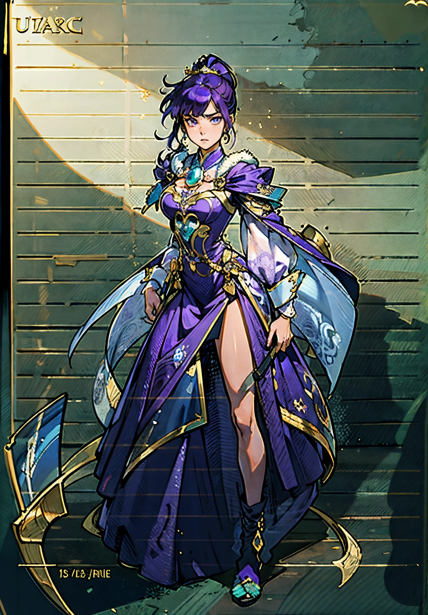 A beautiful young woman, long blue-purple hair, long bangs, ponytail, sharp gaze, a serious expression, a slender and athletic figure, a fantasy martial arts-style two-piece outfit, a fitted qipao-style long skirt, a blue-purple long cloak that almost covers her entire body, adorning her chest is an exquisite jade decorative brooch, purple mist swirls around her, a mysterious atmosphere, this character embodies a finely crafted fantasy martial arts-style female warrior in anime style, exquisite and mature manga art style, high definition, best quality, highres, ultra-detailed, ultra-fine painting, extremely delicate, professional, anatomically correct, symmetrical face, extremely detailed eyes and face, high quality eyes, creativity, RAW photo, UHD, 8k, Natural light, cinematic lighting, masterpiece-anatomy-perfect, masterpiece:1.5