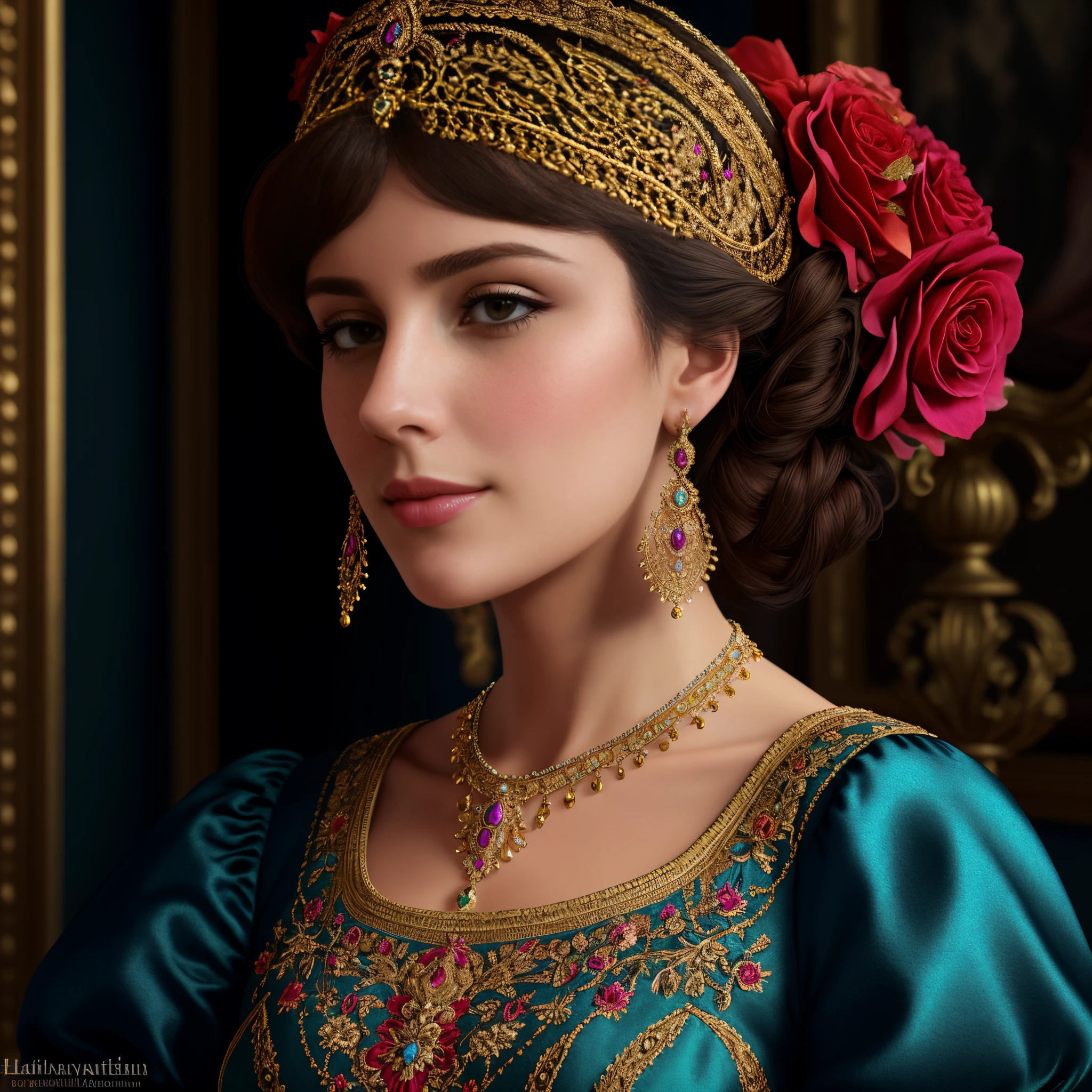 (best quality,4k,8k,highres,masterpiece:1.2),ultra-detailed,(realistic,photorealistic,photo-realistic:1.37),portrait,lady,magnificent outfit,gown,dress,hat,15th century renaissance style,hubert van eyck,5d,painting,detailed face,detailed eyes,cinematic 4d rendering,rich 3d rendering,rich background,colorful,soft lighting,vibrant colors,ornate,exquisite jewelry,ornaments,finely textured fabric,delicate lace,floral patterns,classical beauty,graceful demeanor,elaborate headpiece,feminine charm,subtle smile,serene expression,thoughtful gaze,regal posture,sophisticated,partially obscured background,impeccable details,impressive brushwork,period fashion,embroidered detailing