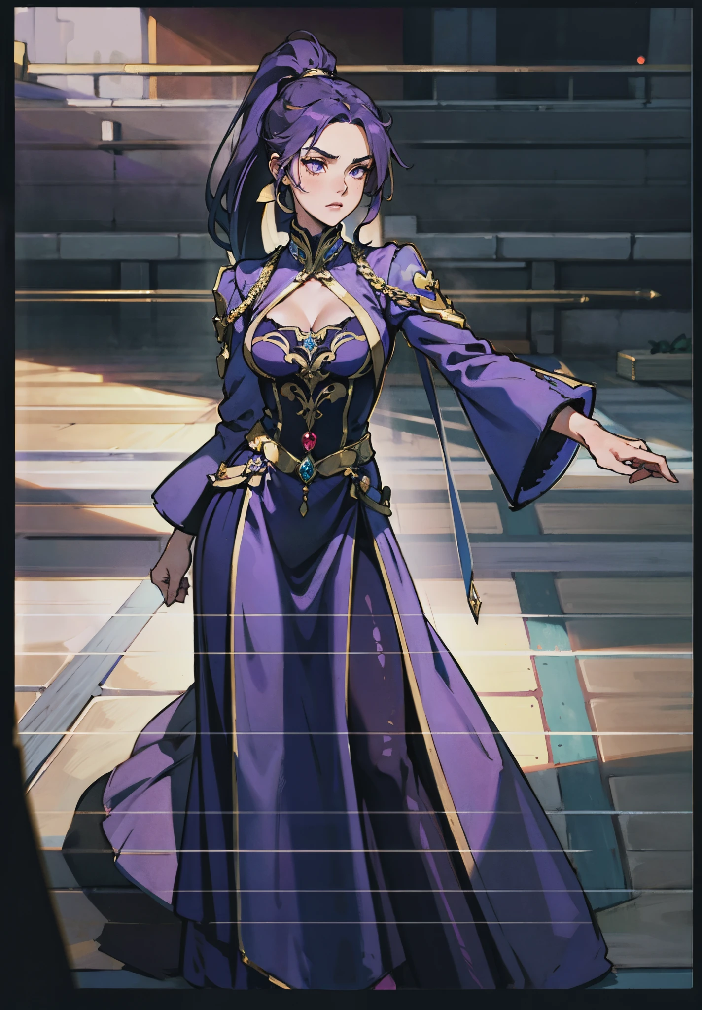 A beautiful young woman, long blue-purple hair, long bangs, ponytail, sharp gaze, a serious expression, a slender and athletic figure, a fantasy martial arts-style two-piece outfit, a fitted qipao-style long skirt, a blue-purple long cloak that almost covers her entire body, adorning her chest is an exquisite jade decorative brooch, purple mist swirls around her, a mysterious atmosphere, this character embodies a finely crafted fantasy martial arts-style female warrior in anime style, exquisite and mature manga art style, high definition, best quality, highres, ultra-detailed, ultra-fine painting, extremely delicate, professional, anatomically correct, symmetrical face, extremely detailed eyes and face, high quality eyes, creativity, RAW photo, UHD, 8k, Natural light, cinematic lighting, masterpiece-anatomy-perfect, masterpiece:1.5