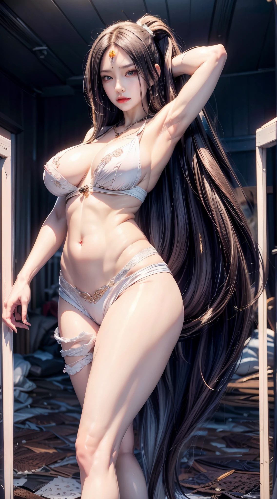 realistic, 1 women, best quality, 12k, HD, long hair, big round breasts, cleavage, ponytail, necklace, jewelry, shorts, short jacket, slim hips, hair tie, yellow eyes, black hair, super detailed, Eye details, hair details, person details, mouth details, face details, breast details, clothes details, hair details, pants details, hand details, whole body